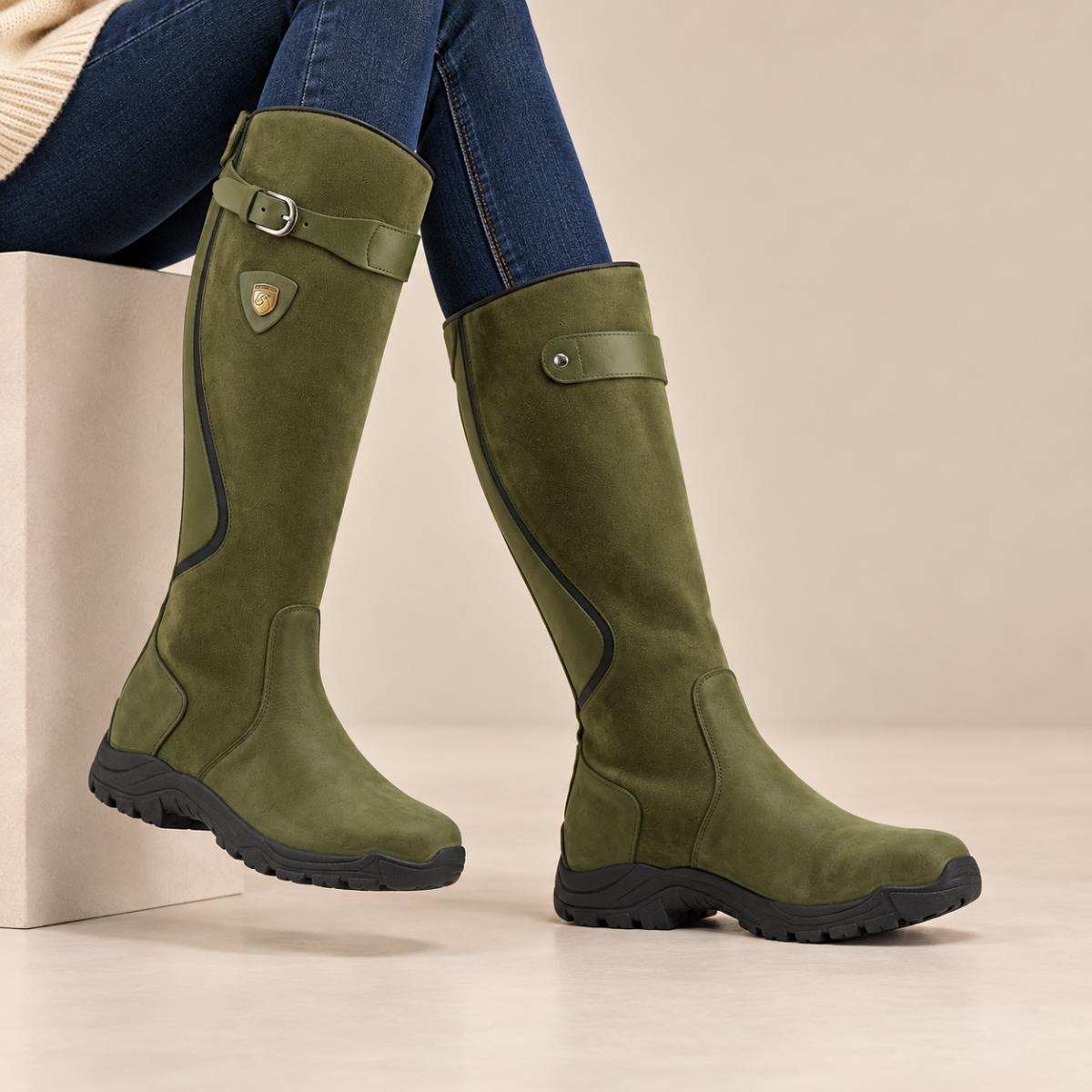 Women’s Knee High Riding Boots – Buckle Low Heel Boots
