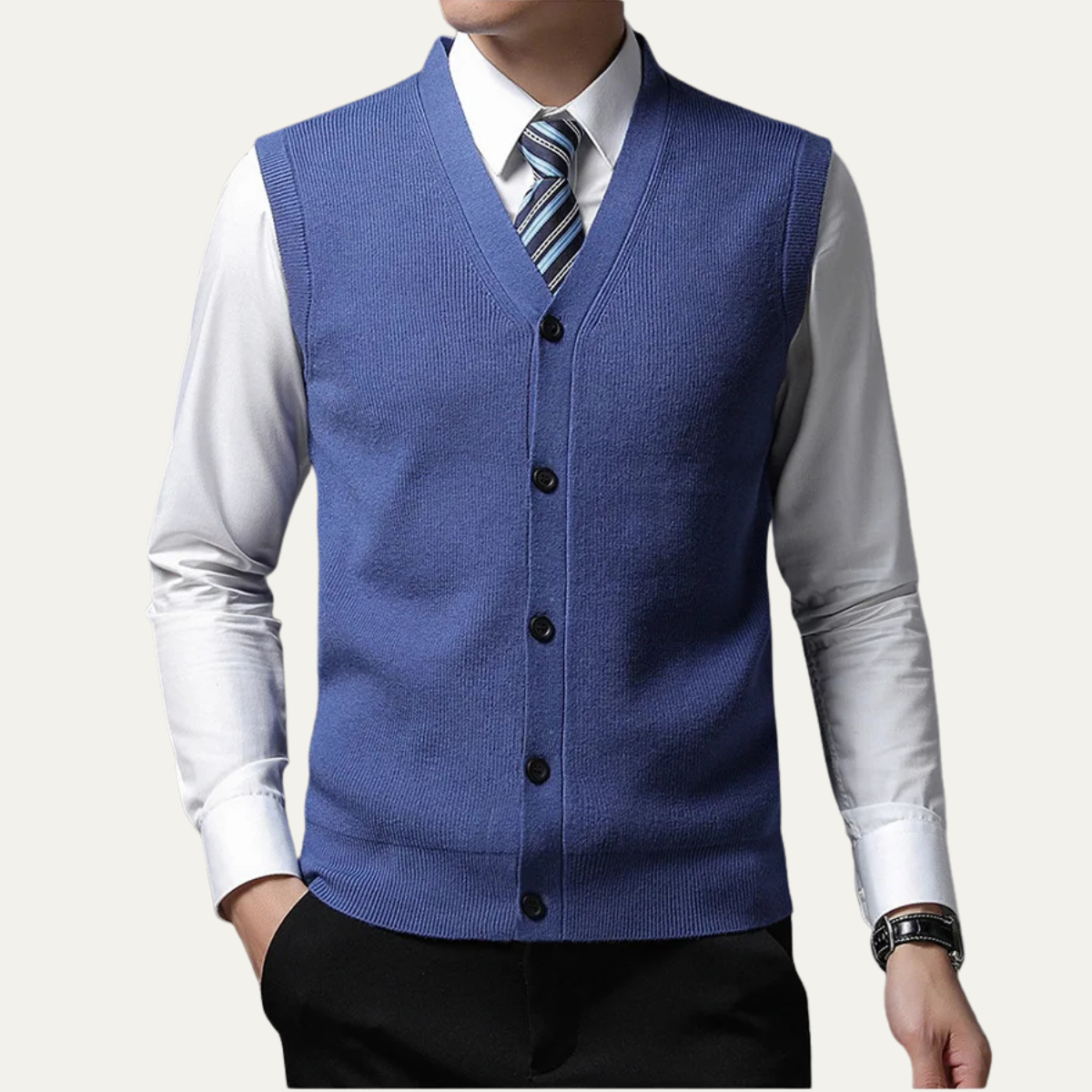 Men's Sweater Vest Blue Button Up V Neck