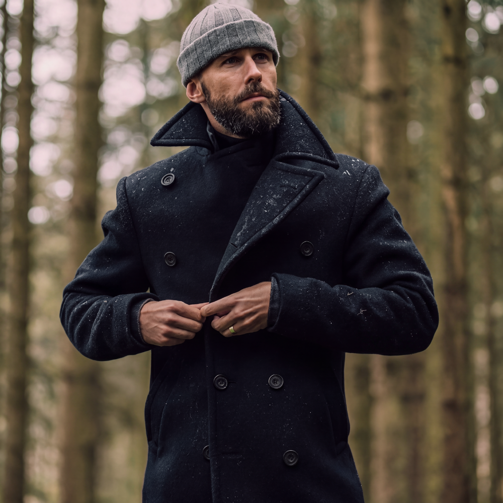 Men's Double Breasted Wool Peak Coat Navy