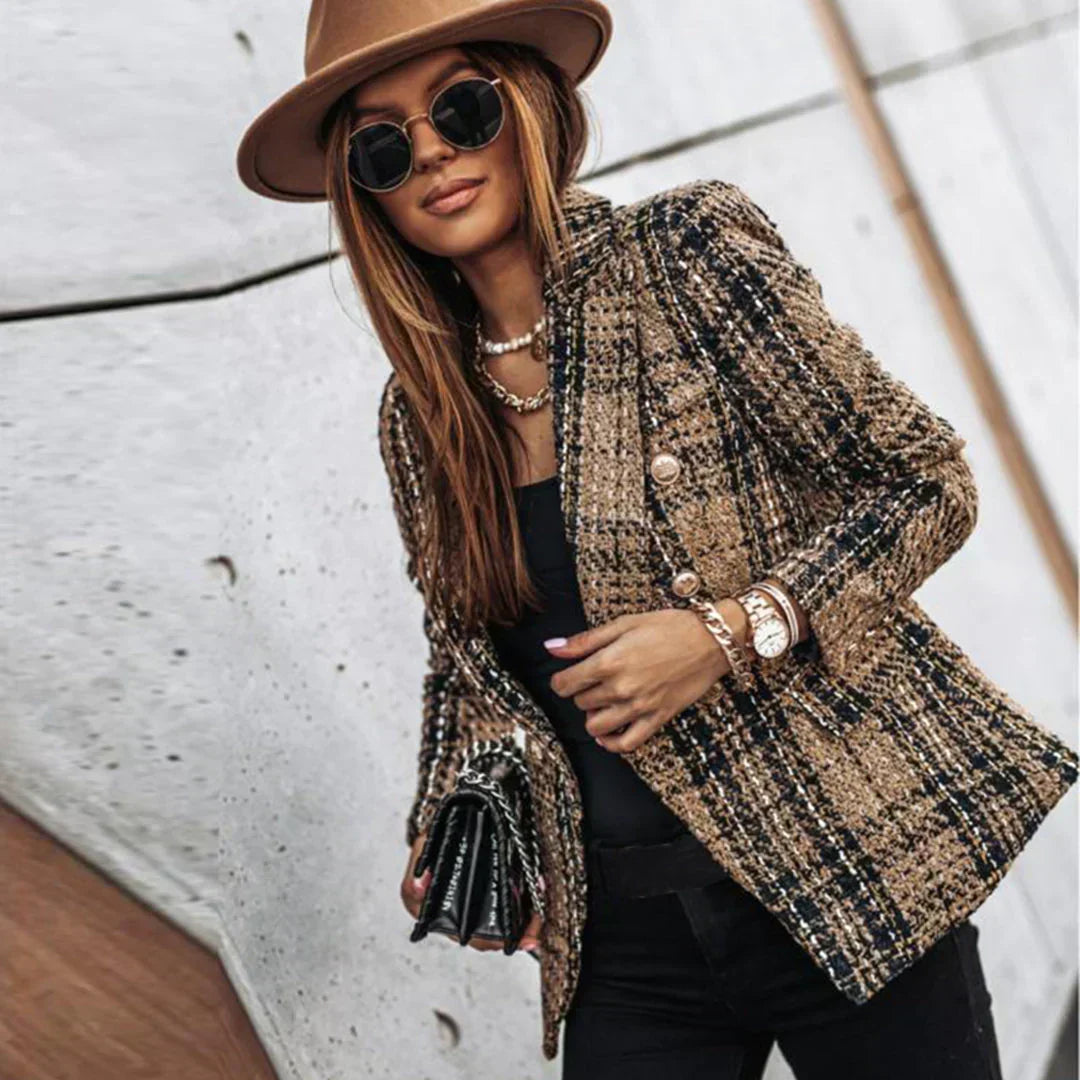 Women's Checked Tweed Jacket with Gold Trim