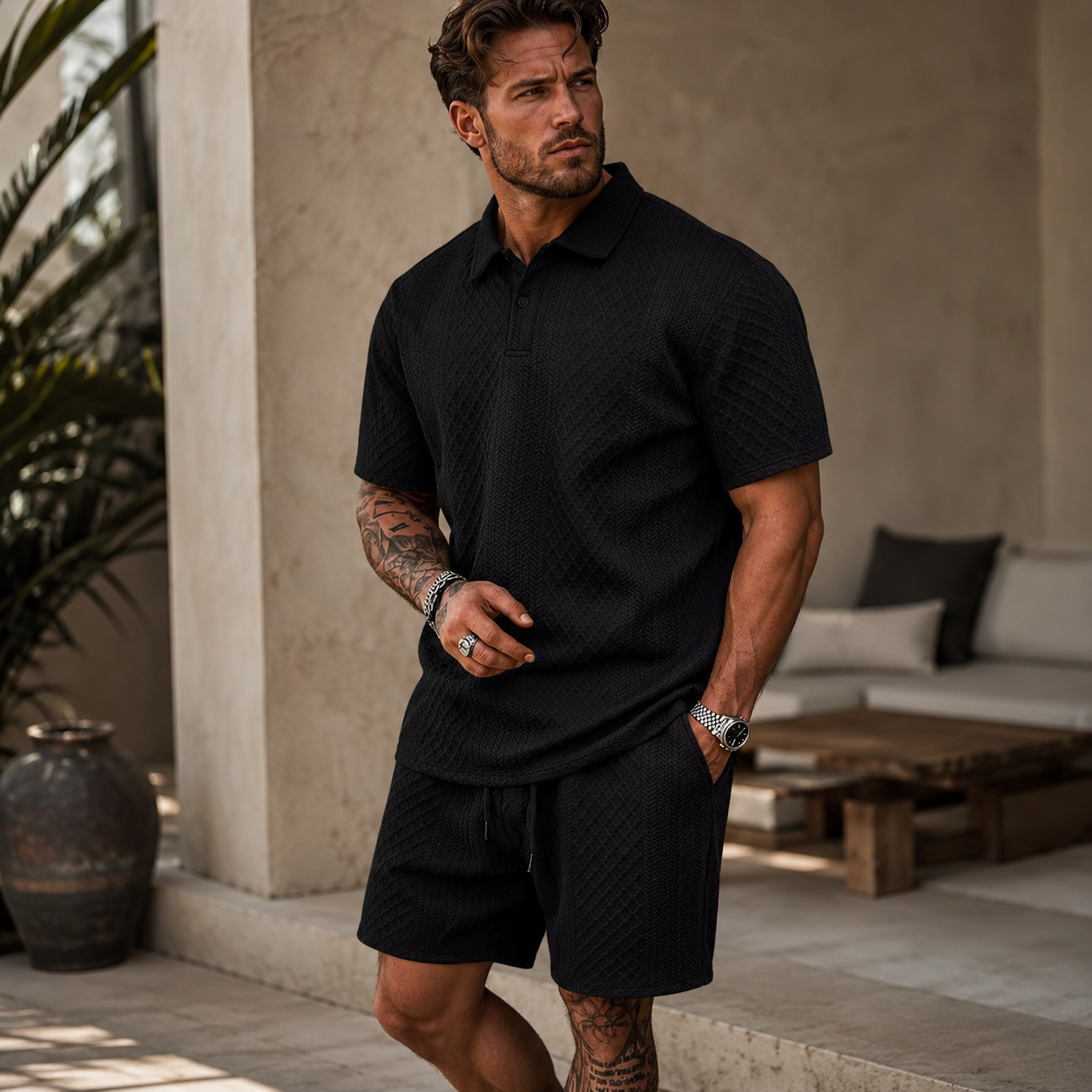 Men’s Summer Jacquard Polo & Shorts Set – Lightweight Beach Outfit - The Surrey
