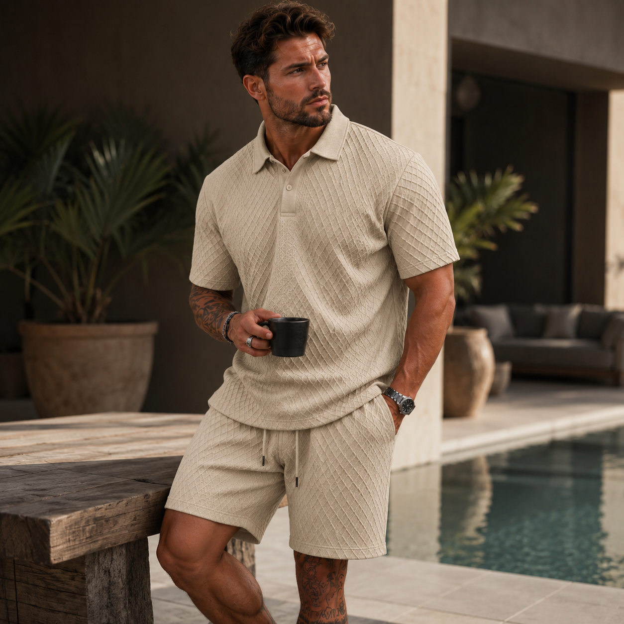 Men’s Summer Jacquard Polo & Shorts Set – Lightweight Beach Outfit - The Surrey