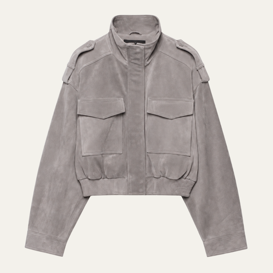Women's Cropped Suede Bomber Jacket — Gray