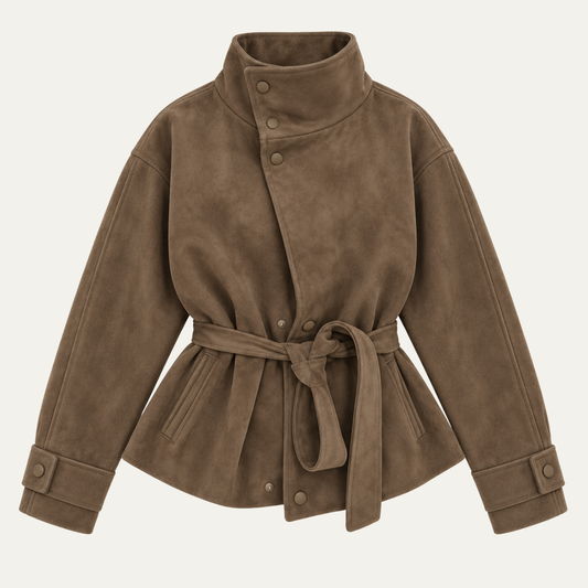 Women's Belted Suede High Collar Jacket — Brown