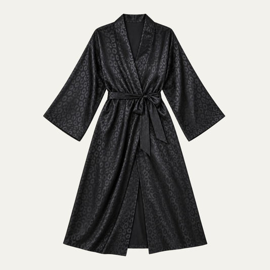 Women's Black Leopard Print Satin Bathrobe Belt