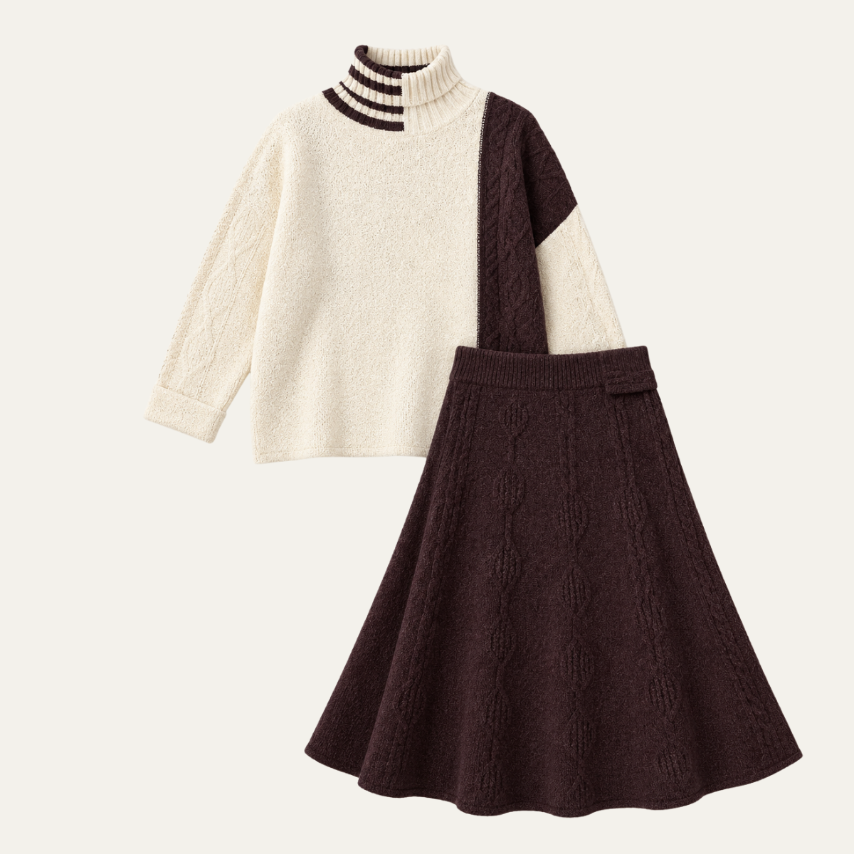 Women's Color Block Turtleneck Sweater & A Line Midi Skirt Set