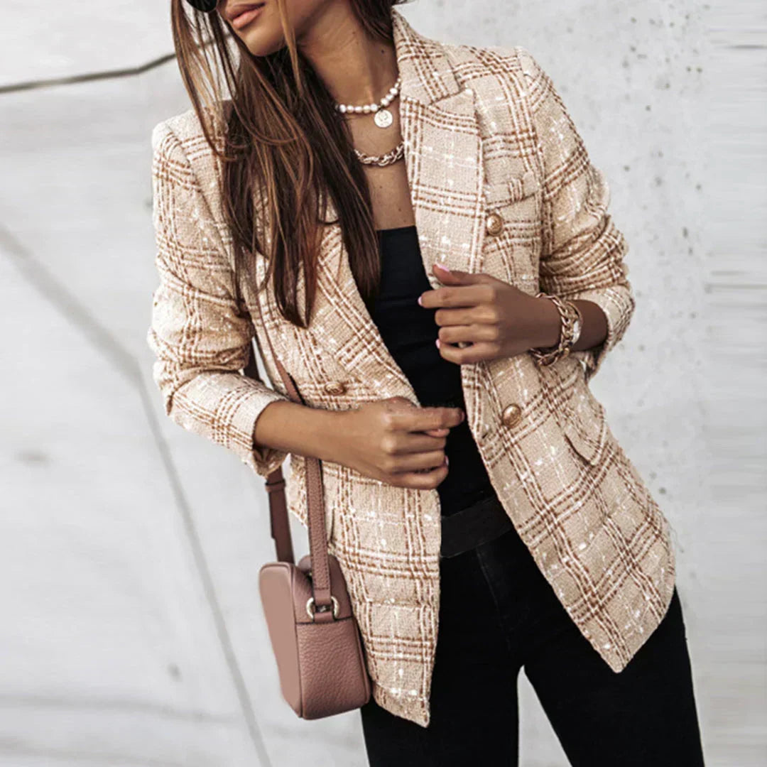 Women's Checked Tweed Jacket with Gold Trim