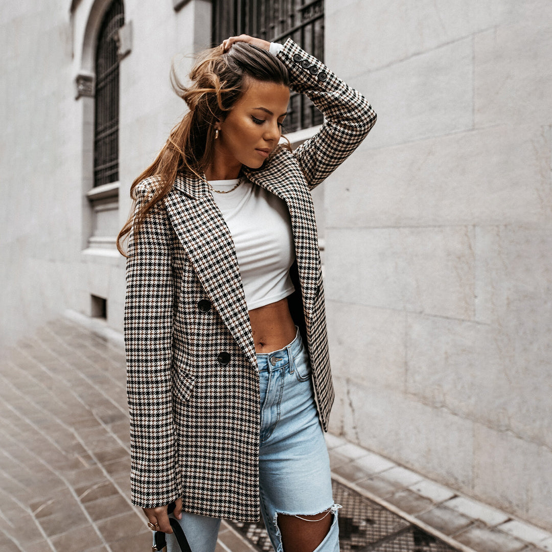 Women's Checked Blazer with Twin Buttons