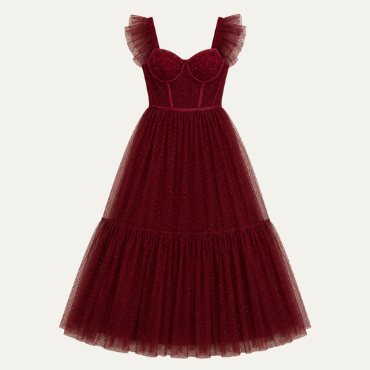 Women's Corset Maxi Party Dress with Tulle Ruffle Sleeves