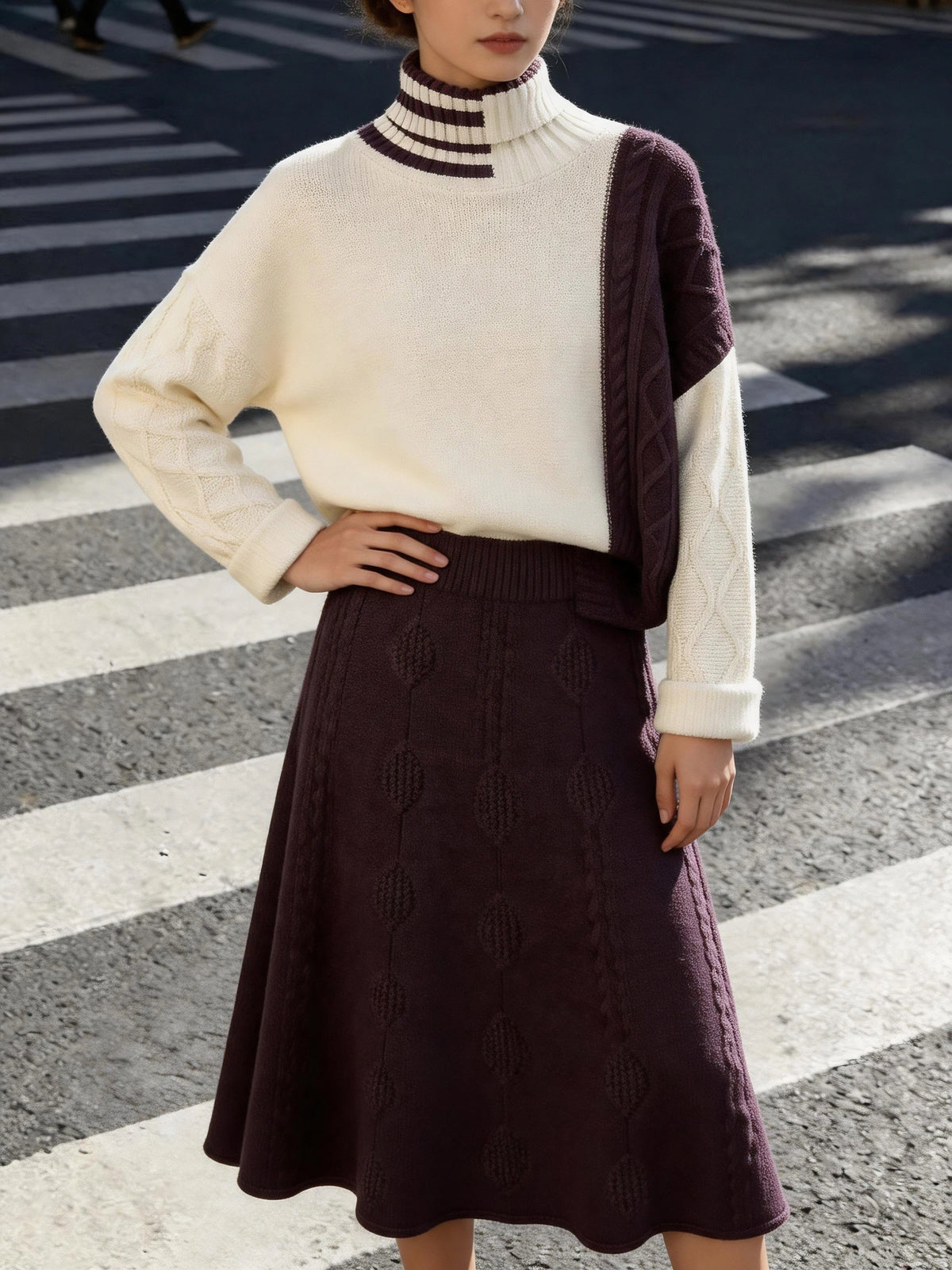Women's Color Block Turtleneck Sweater & A Line Midi Skirt Set