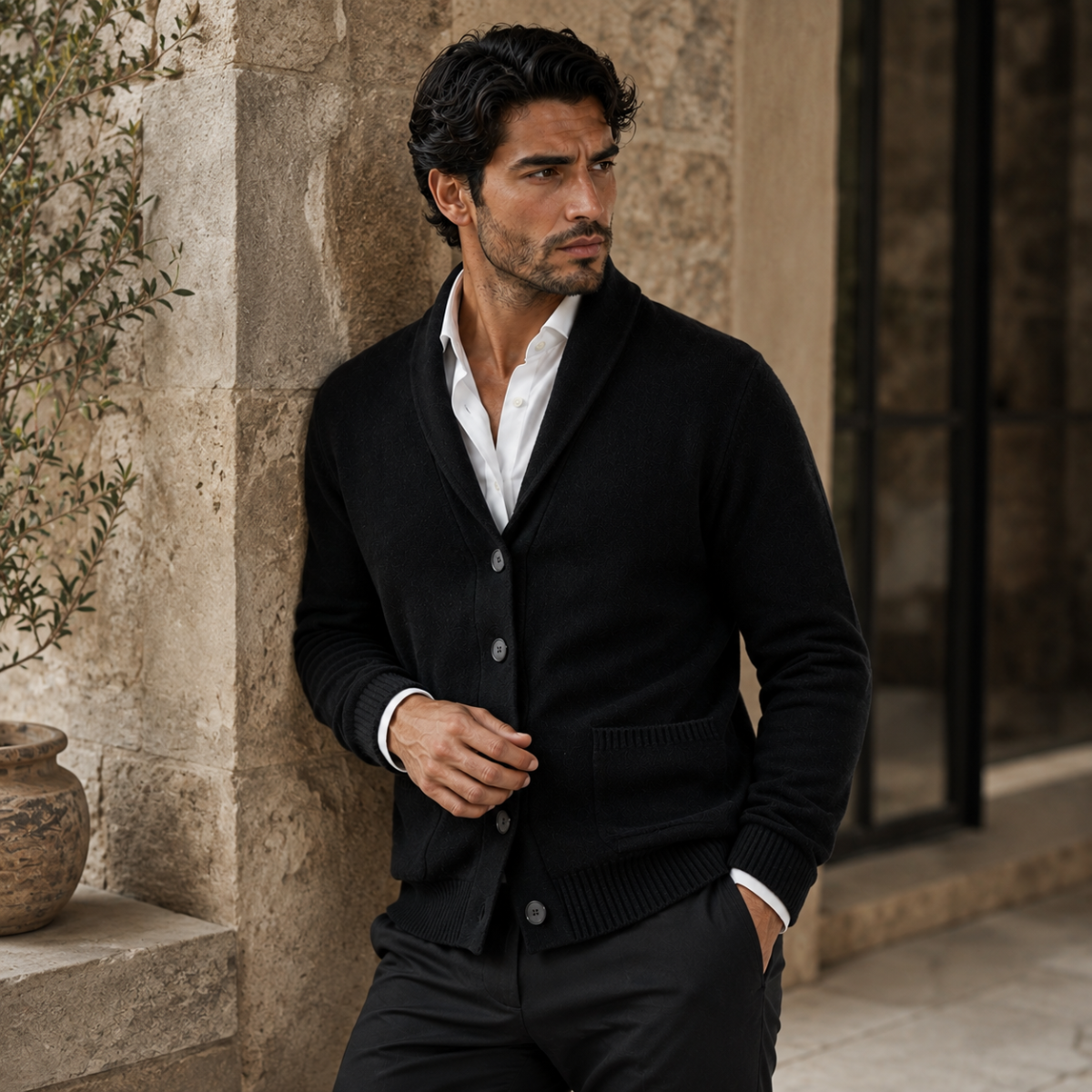 The Serravalle Men’s Button Up Knit Cashmere Shawl Collar Cardigan