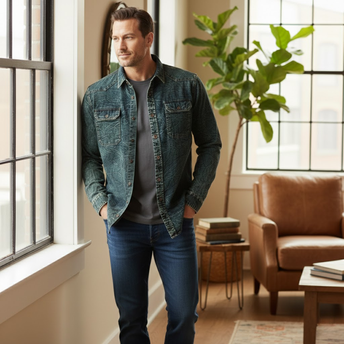 The Silverlark Men’s Button Up Vintage Denim Shirt Jacket with Dual Pockets