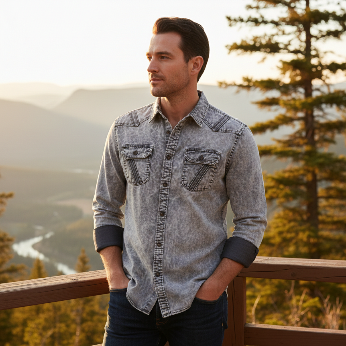 The Windcrest Men’s Casual Button Up Vintage Denim Shirt