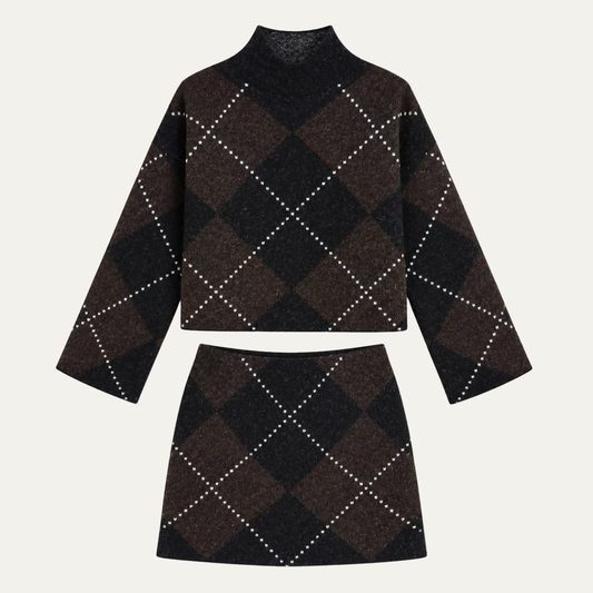 Women's Diamond Pattern Knit Sweater and Skirt Set