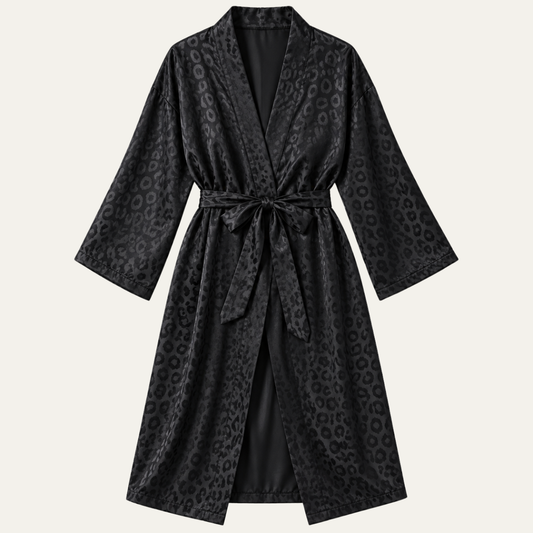 Women's Black Leopard Print Satin Bathrobe Belt