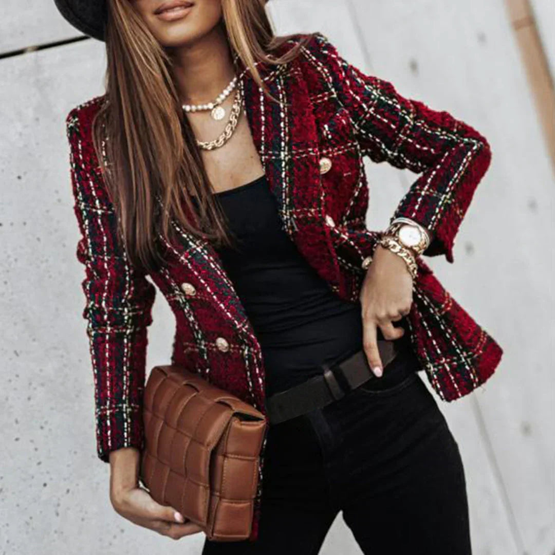 Women's Checked Tweed Jacket with Gold Trim