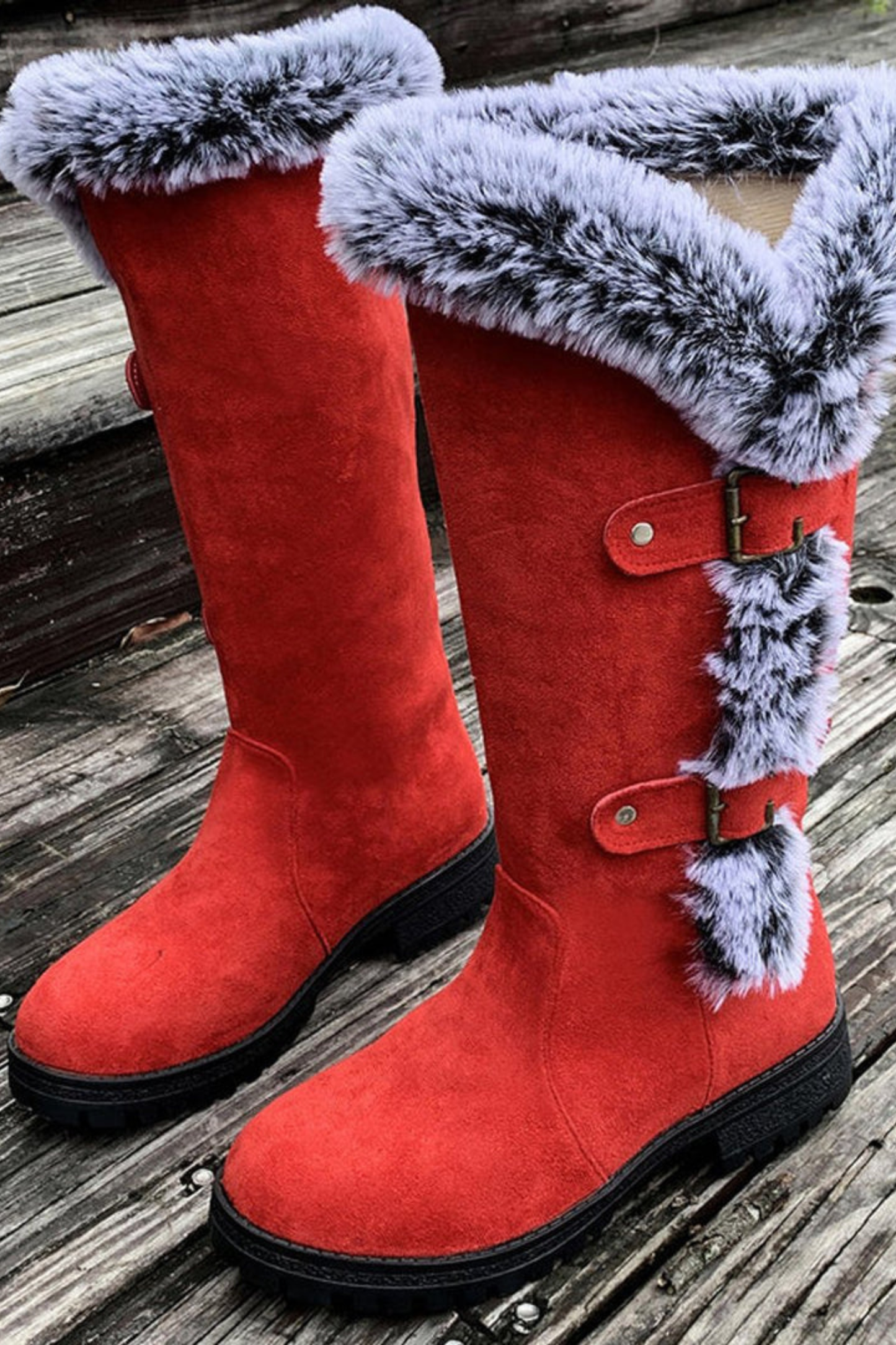 Women’s Faux Suede Winter Boots – Fur Lined Buckle Knee High Boots