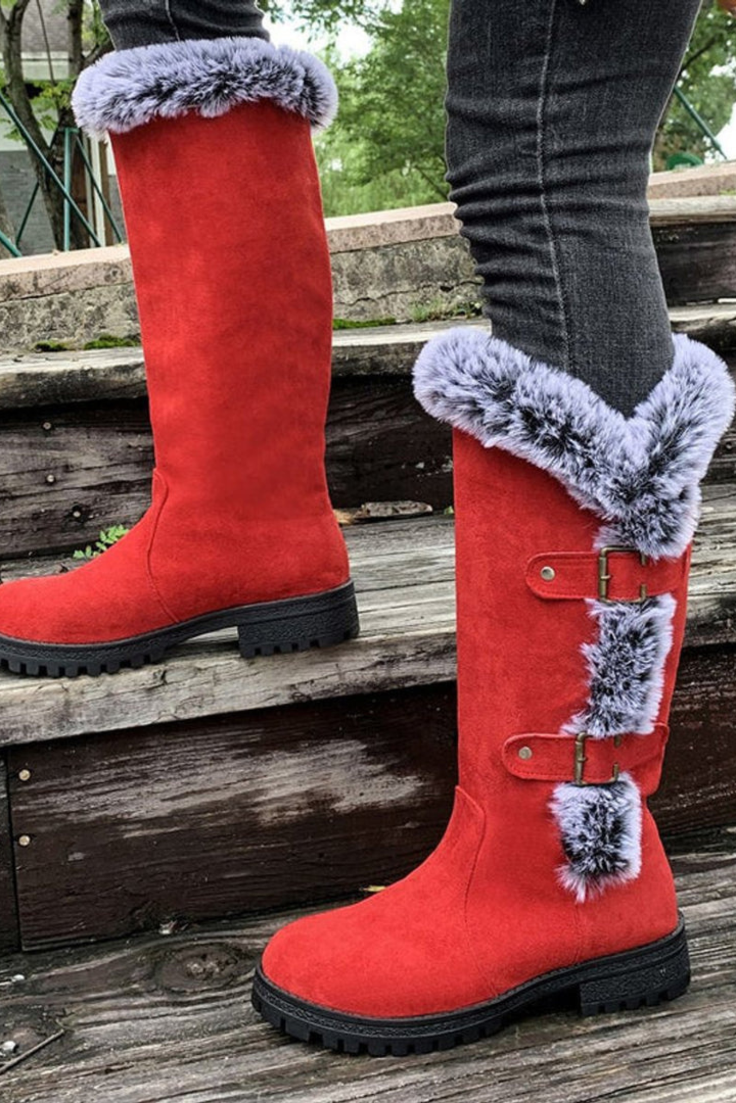 Women’s Faux Suede Winter Boots – Fur Lined Buckle Knee High Boots