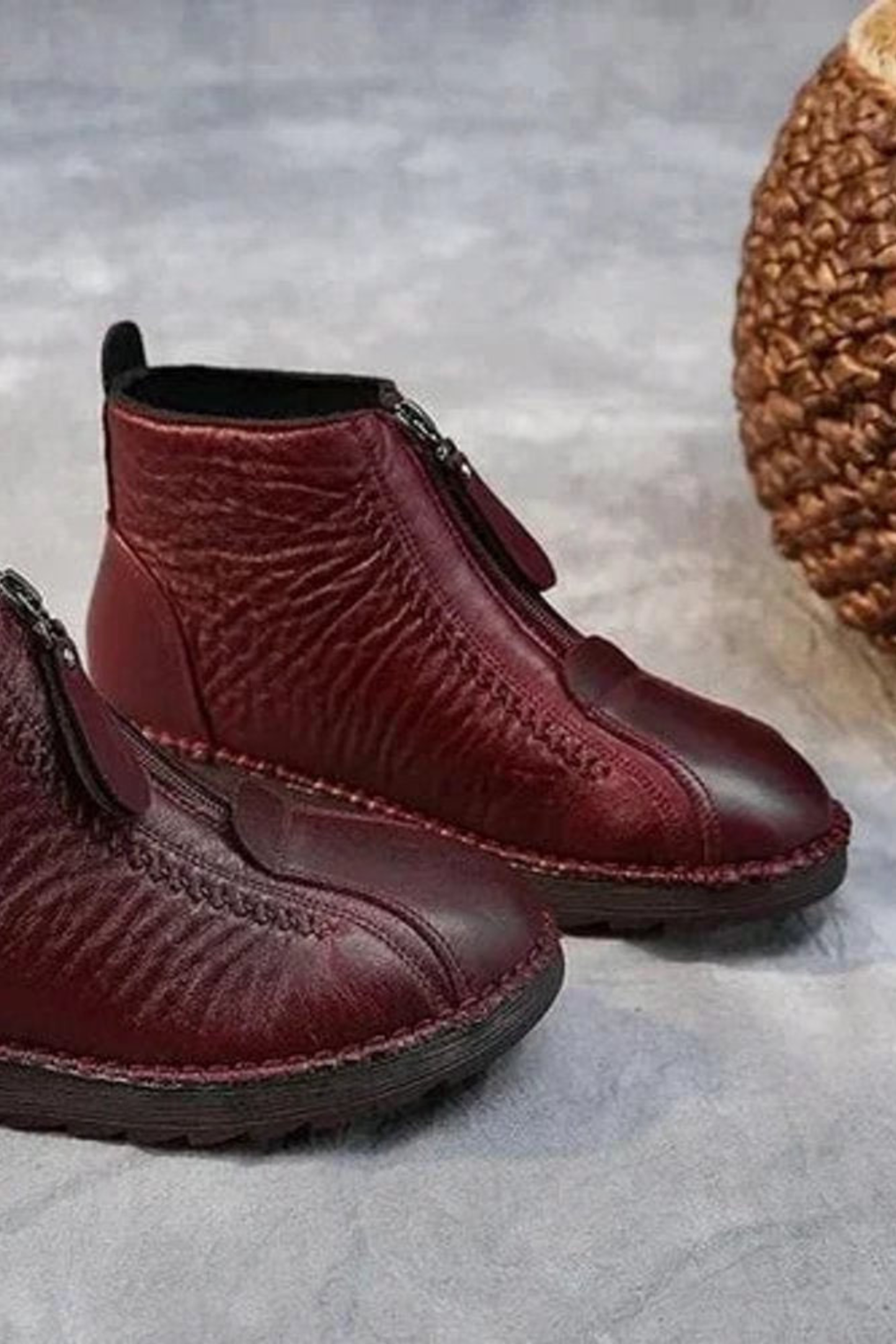 Women’s Leather Ankle Boots – Front Zip Low Heel Booties