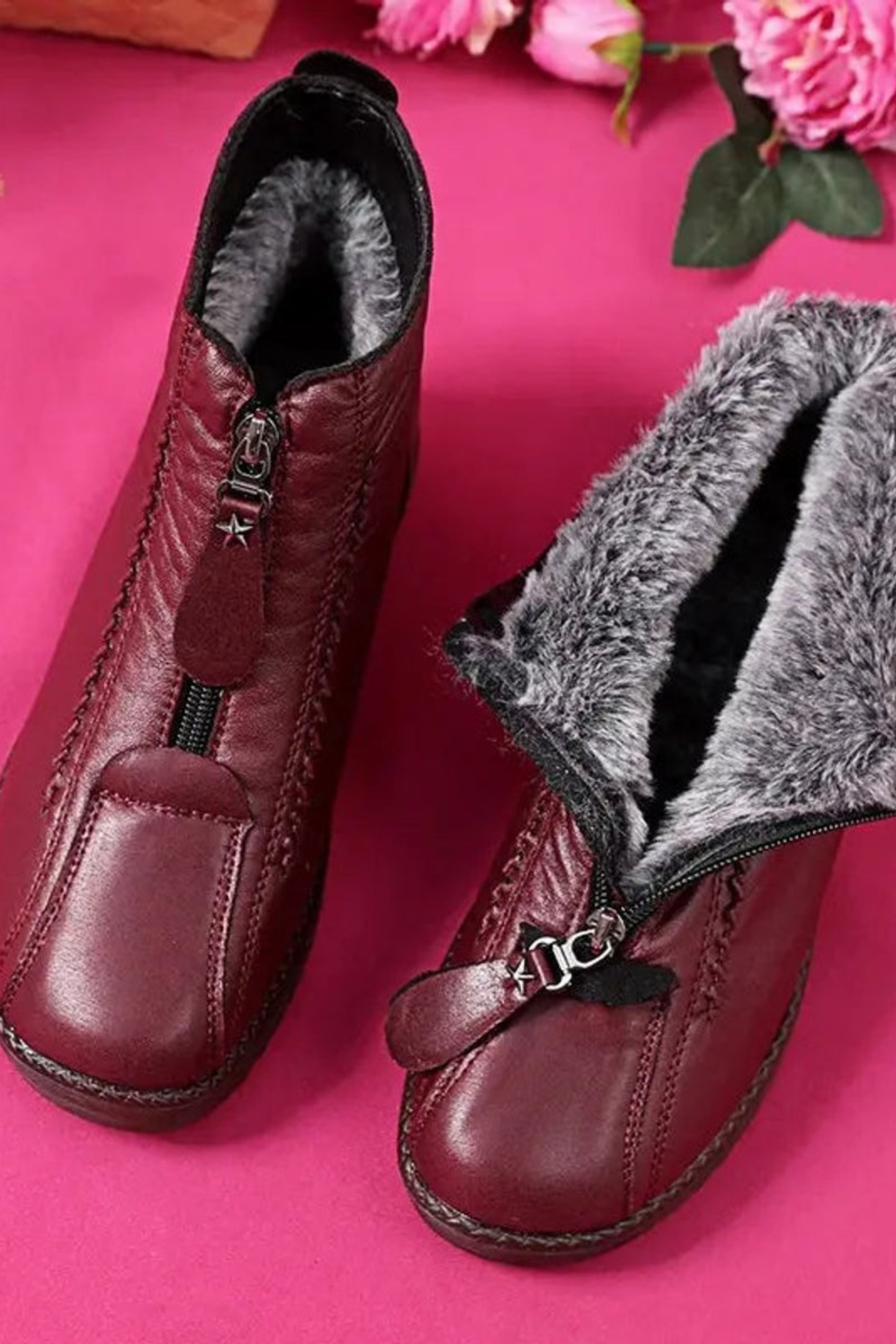 Women’s Leather Ankle Boots – Front Zip Low Heel Booties