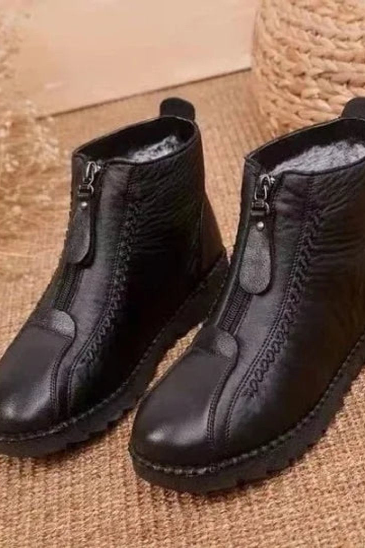 Women’s Leather Ankle Boots – Front Zip Low Heel Booties