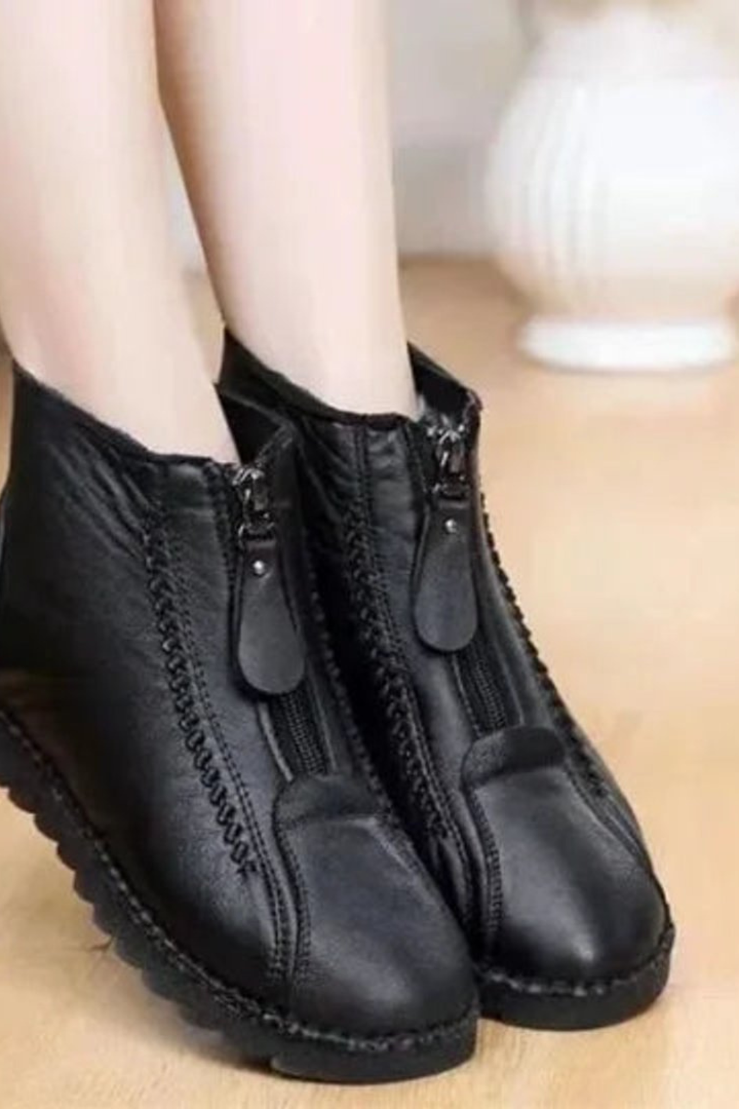 Women’s Leather Ankle Boots – Front Zip Low Heel Booties