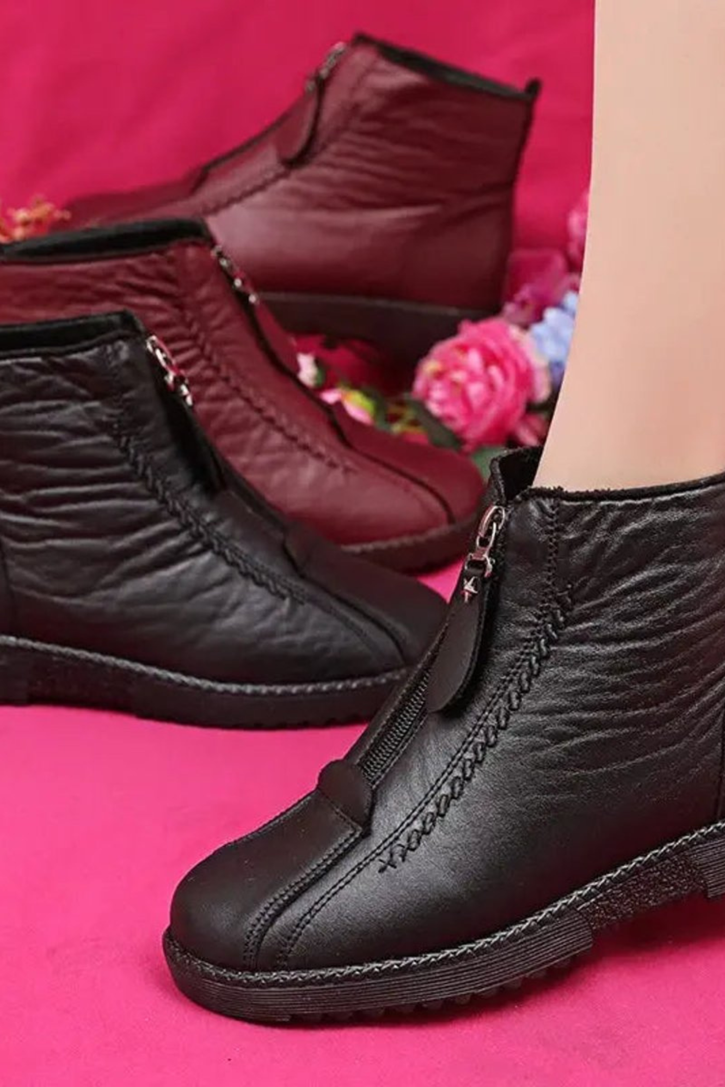 Women’s Leather Ankle Boots – Front Zip Low Heel Booties