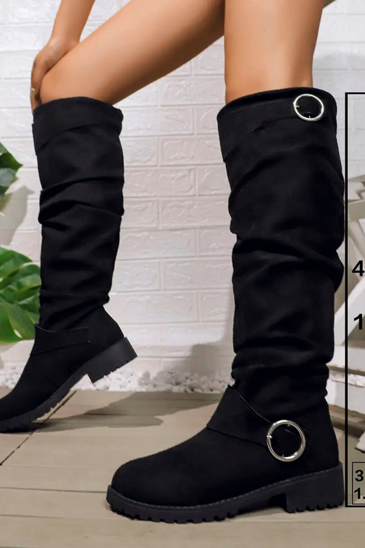 Women’s Slouchy Knee High Boots – Buckle Low Heel Boots