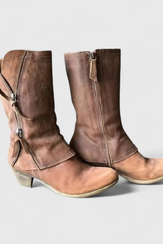 Women’s Vintage Western Boots – Distressed Mid Calf Cowboy Boots