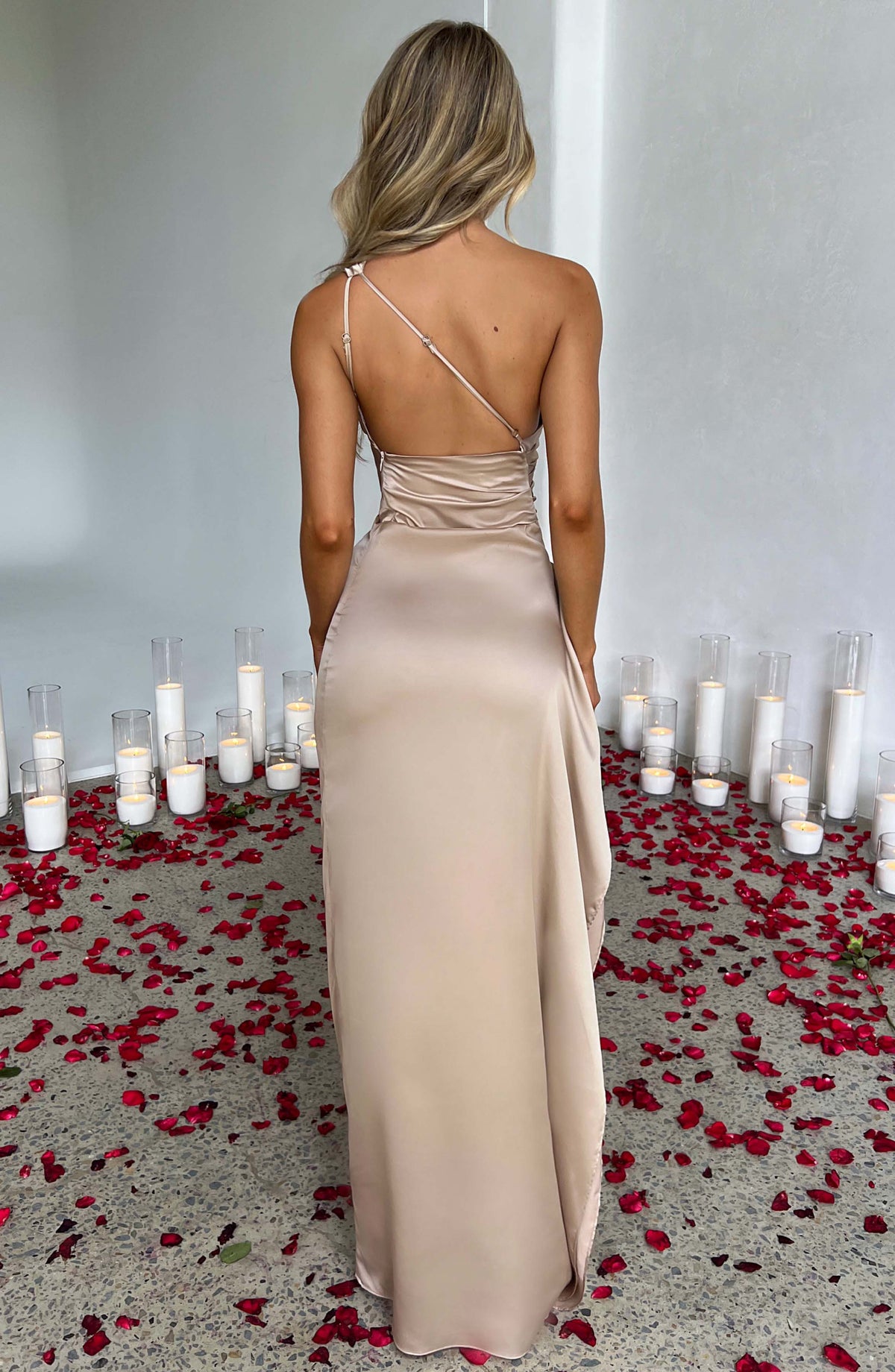 Women's Asymmetric Satin Gown in Extended Sizes