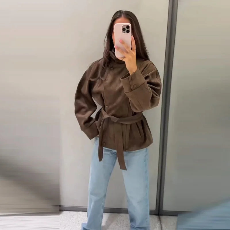 Women's Belted Suede High Collar Jacket — Brown