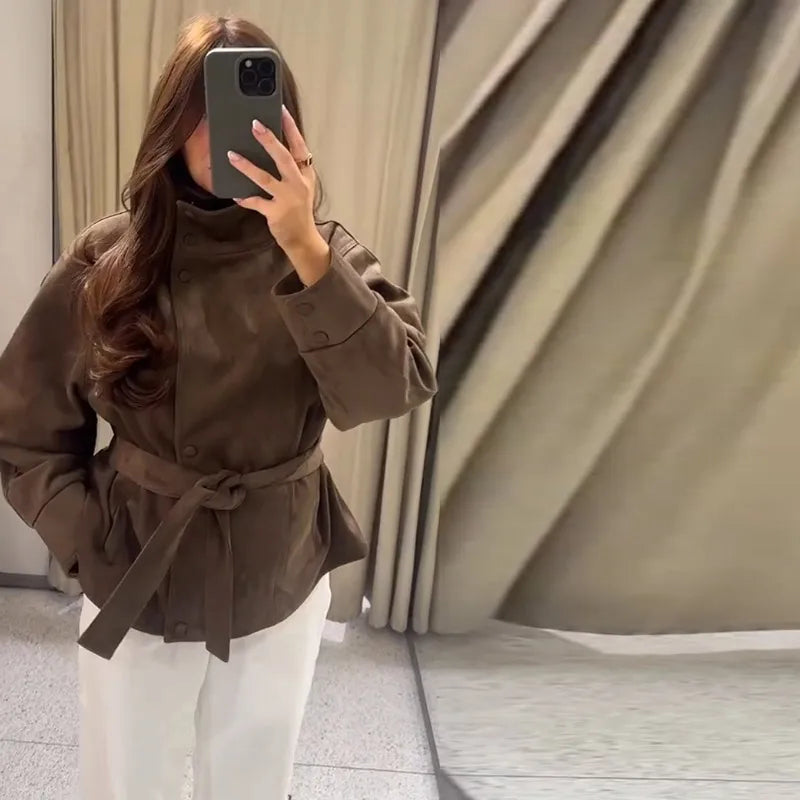 Women's Belted Suede High Collar Jacket — Brown