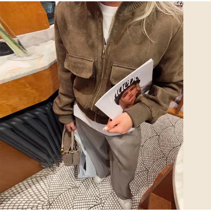 Women's Cropped Suede Bomber Jacket — Brown