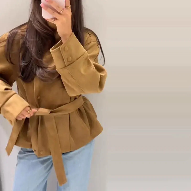 Women's Belted Suede High Collar Jacket — Khaki