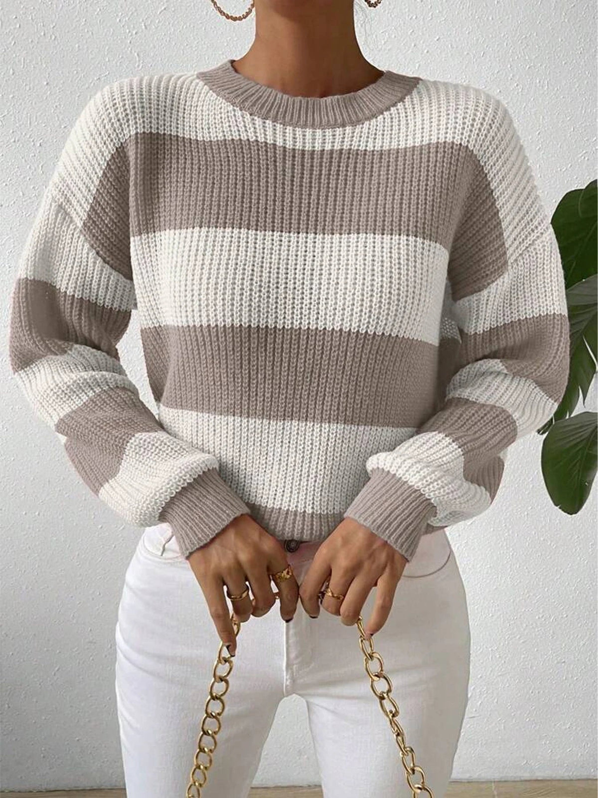 Women's Relaxed Fit Contrast Stripe Sweater