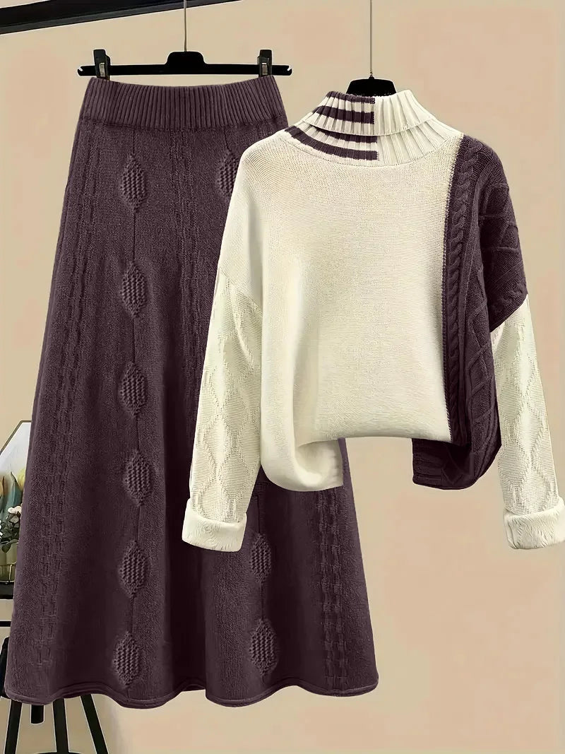 Women's Color Block Turtleneck Sweater & A Line Midi Skirt Set