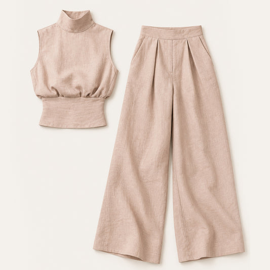 Women's Chic Sleeveless Blouse and Wide Leg Trousers Set