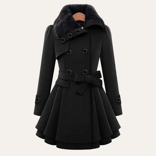 Women's Fur Collar Peacoat – Elegant Belted Fit & Flare Winter Coat