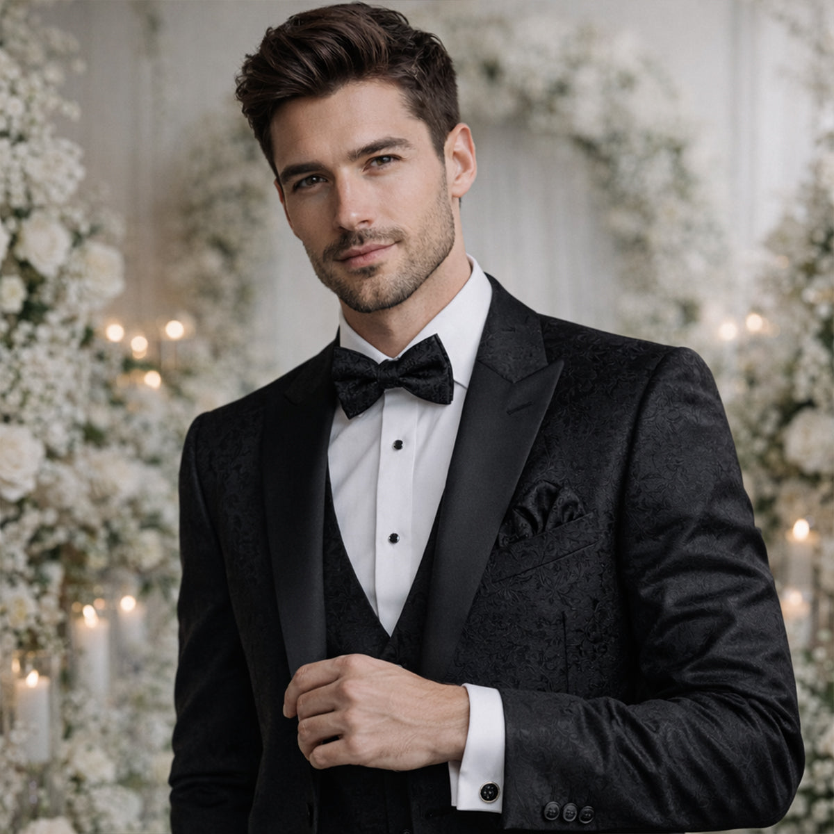 The Ashbury Men’s Bow Tie with Pocket Square & Cufflinks Set – Black Silk