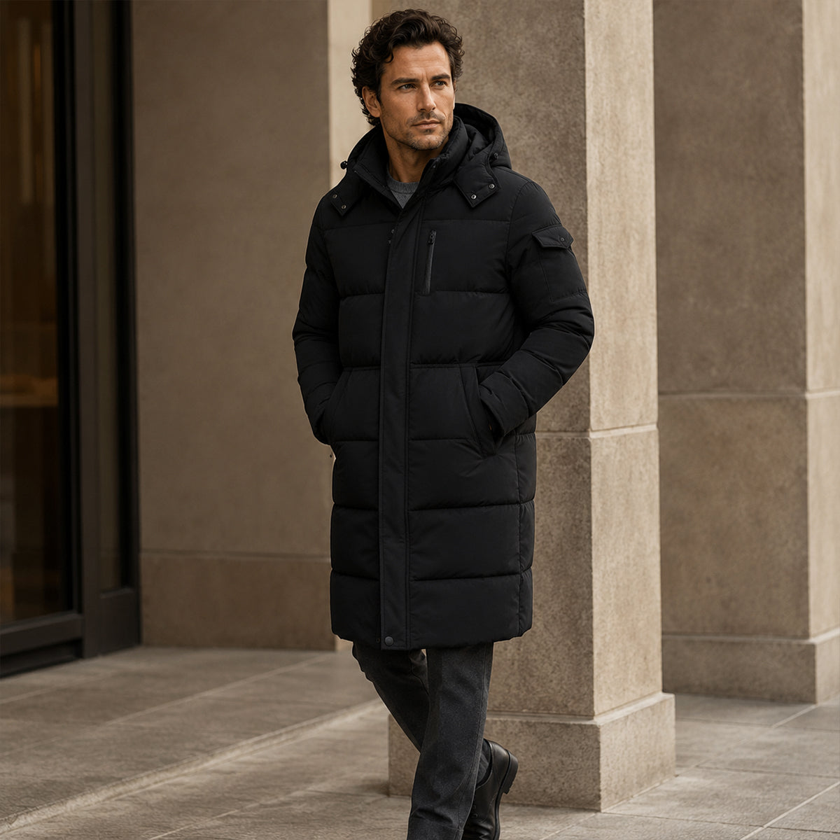 The Woking Men’s Thermal Longline Black Puffer Coat with Hood