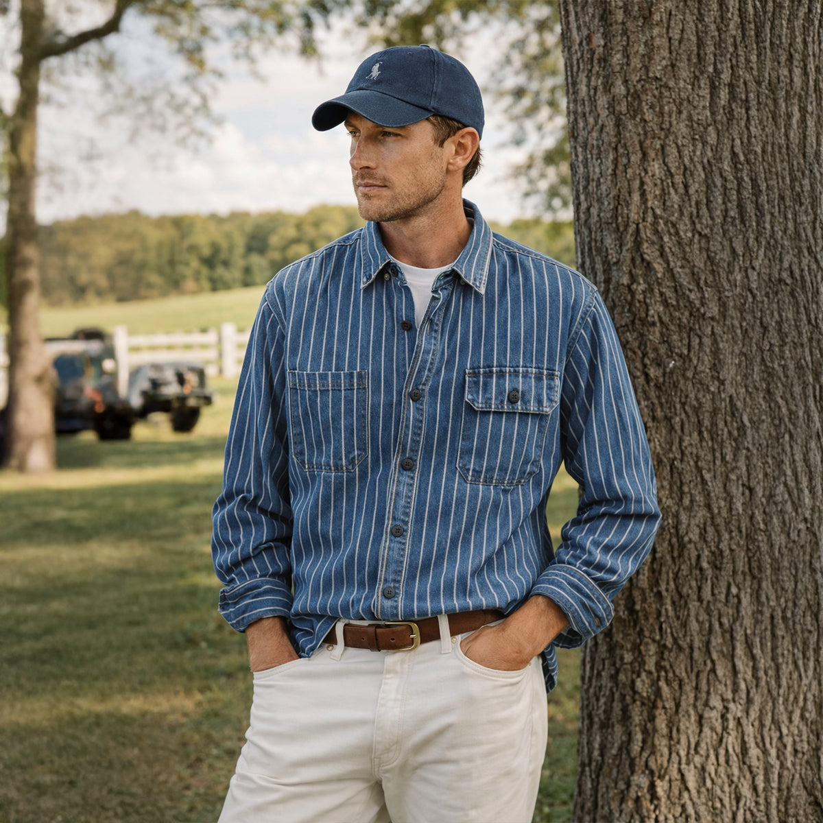 The Oakcrest Men’s Vintage Washed Vertical Stripe Denim Shirt Jacket – Light Blue