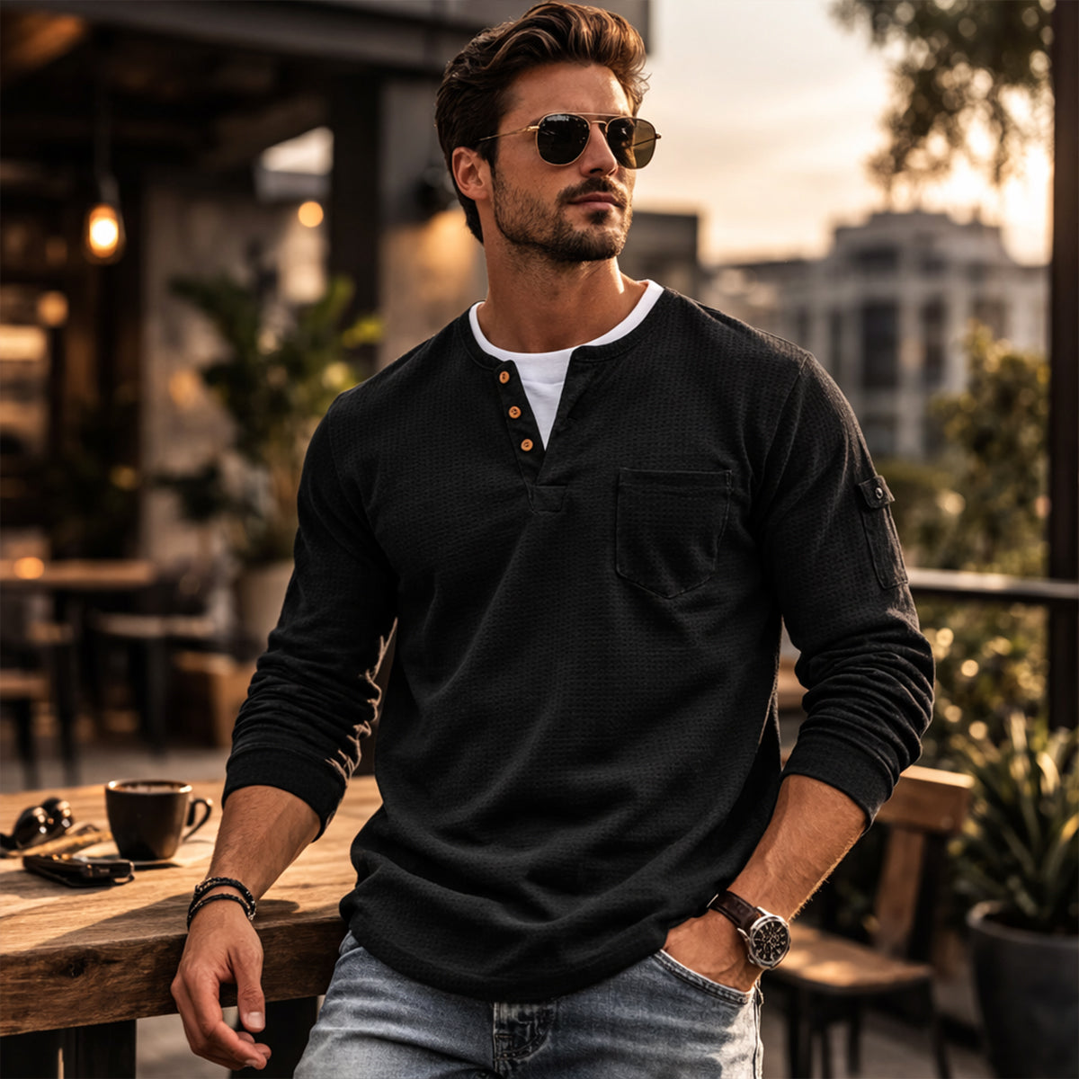 The Cedarbrook Creek Men’s Waffle Henley Buttop Up Causal T Shirt