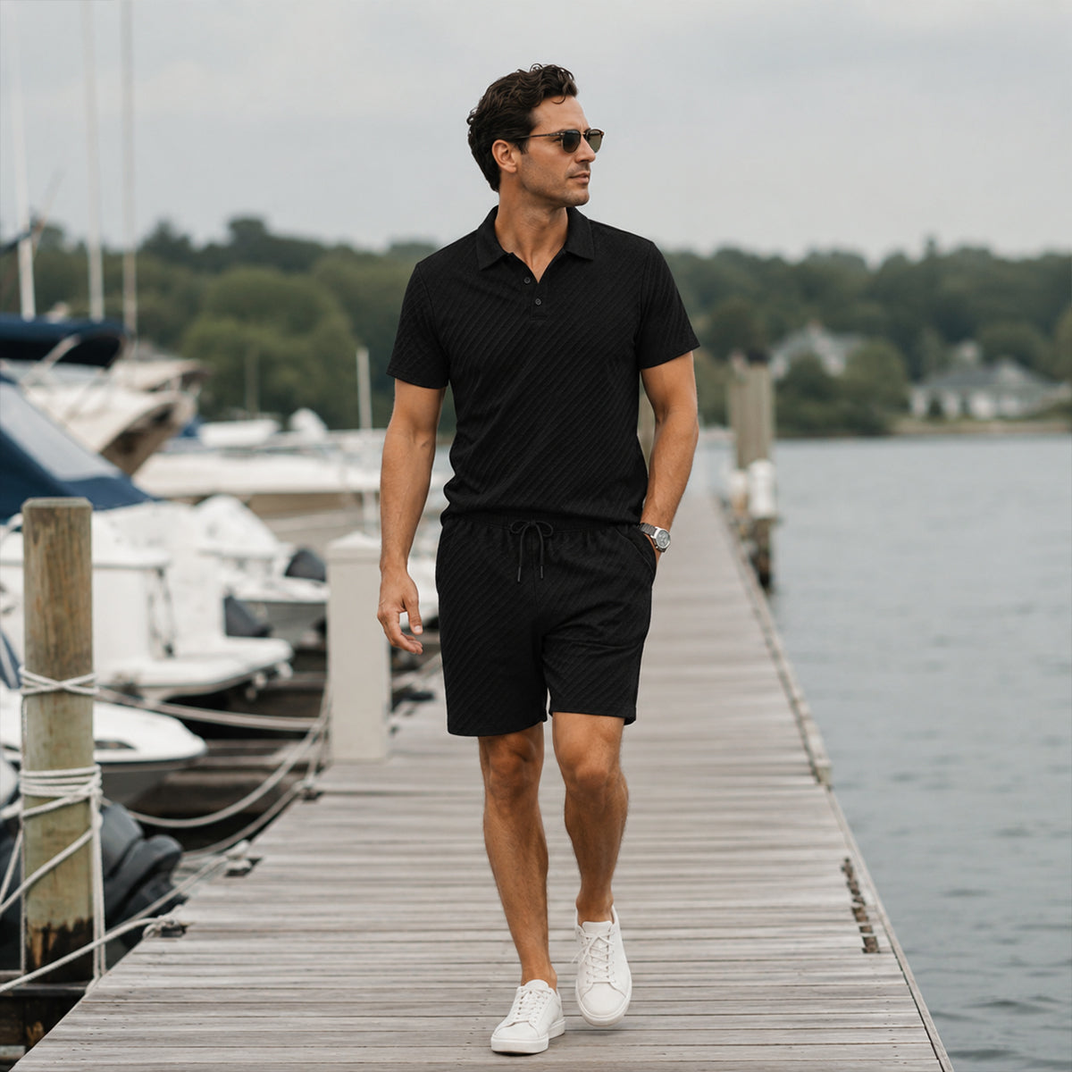 The Surrey Men’s Summer Jacquard Polo & Shorts Set | Lightweight Beach Outfit