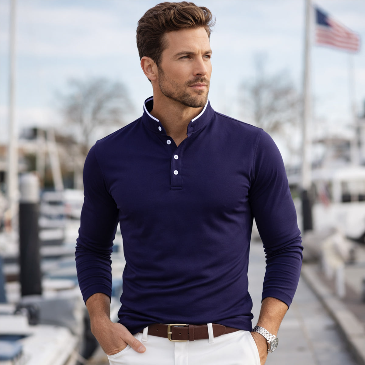 The Silverhill Men’s Stand Collar Solid Color Button Placket  T Shirt