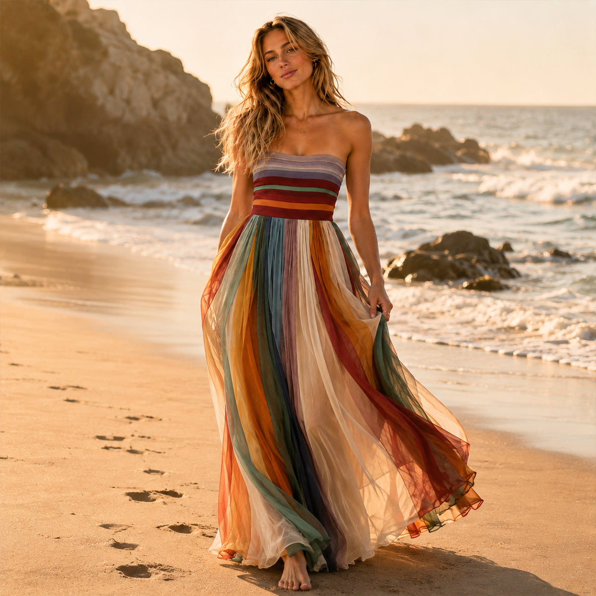 Pleated Strapless Maxi Dress
