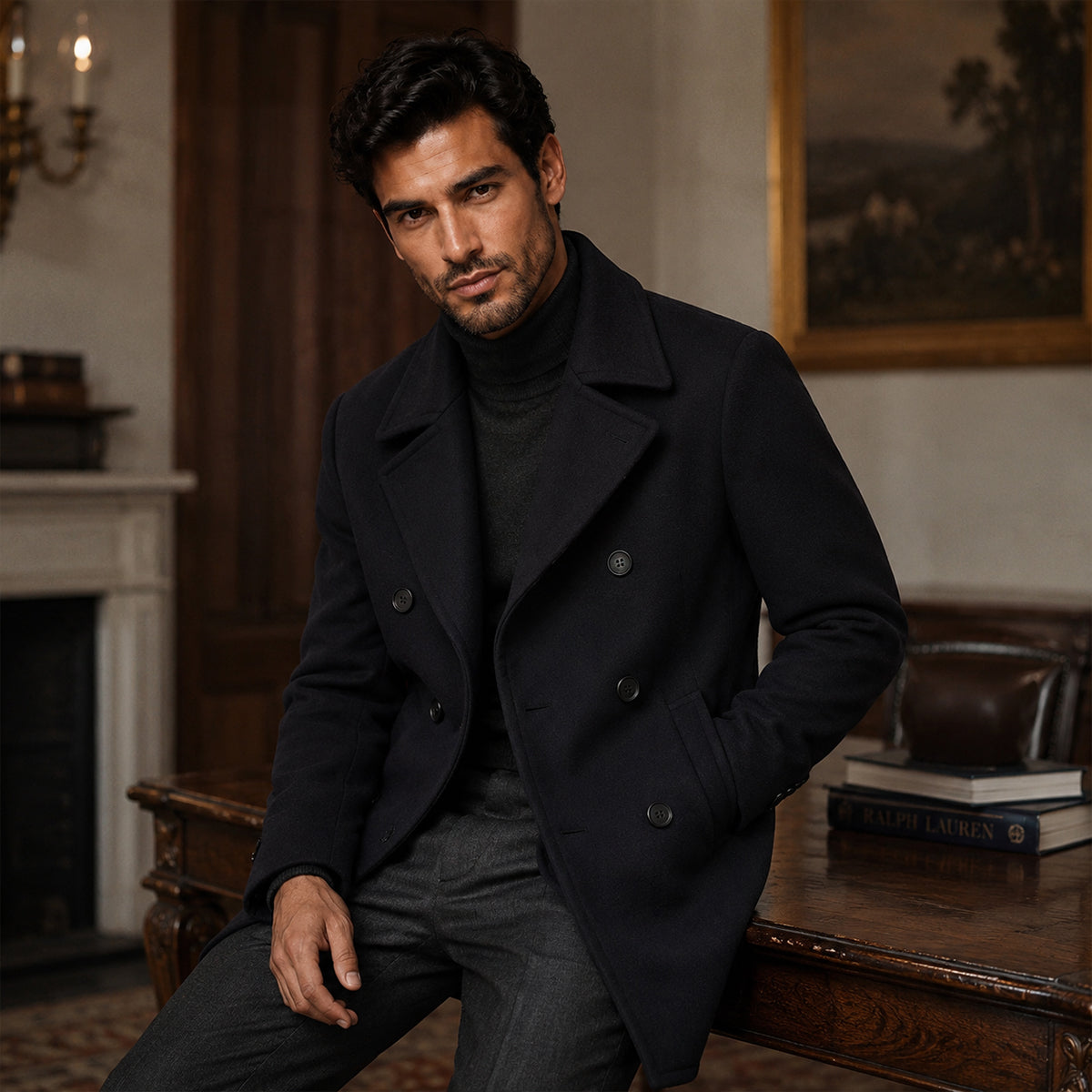 The Buckingham Men’s Warm Winter  Double Breasted Wool Peacoat – Black