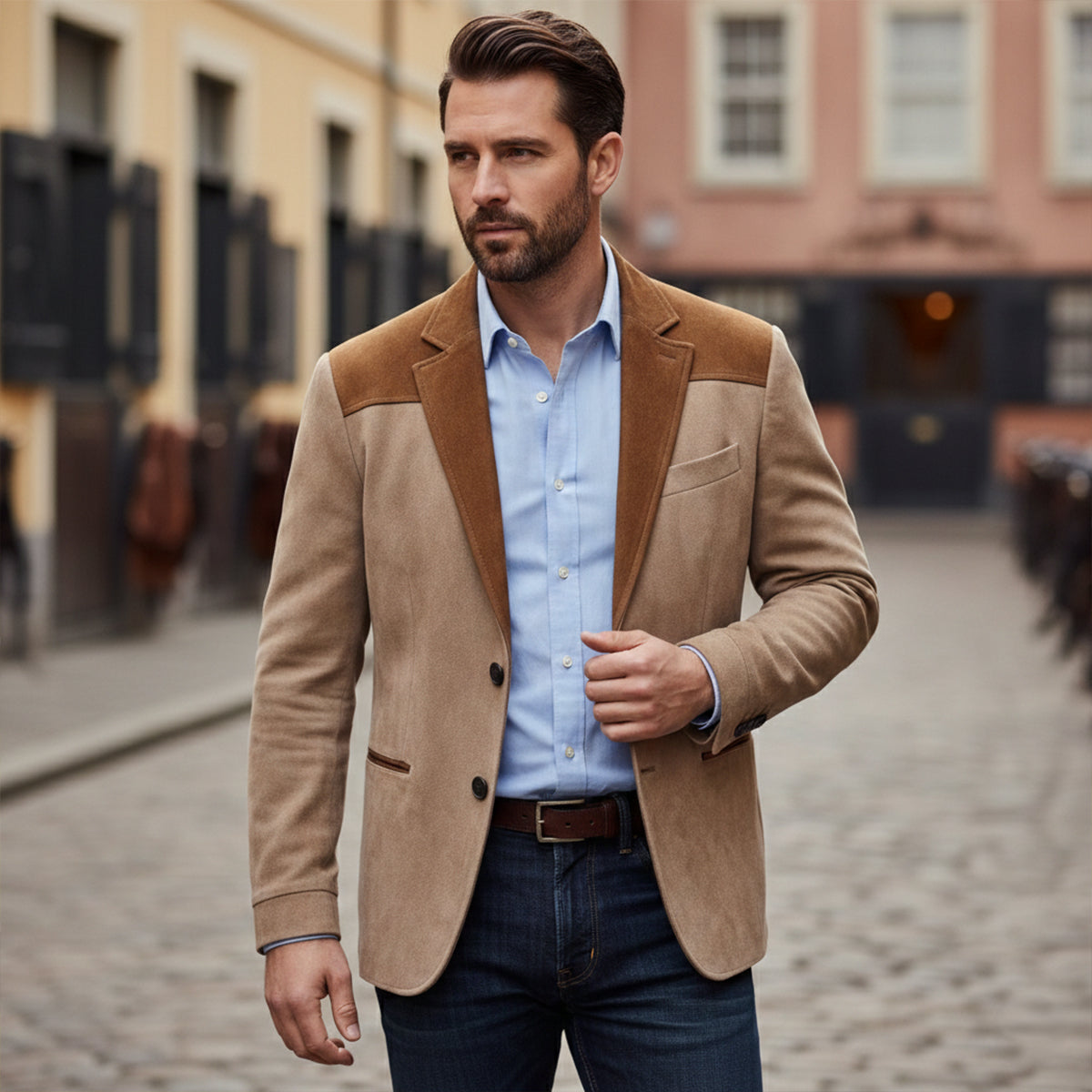 The Cumberland Men’s Slim Fit Patchwork Velvet Blazer Jacket