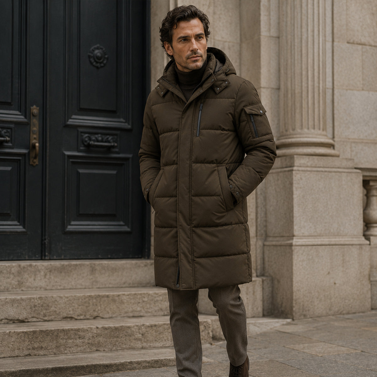 The Woking Men’s Thermal Longline Black Puffer Coat with Hood
