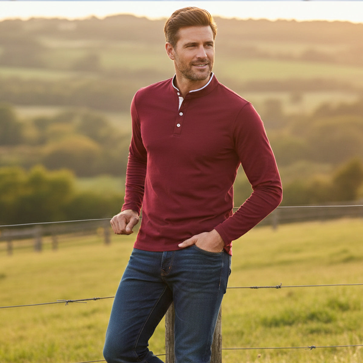The Silverhill Men’s Stand Collar Solid Color Button Placket  T Shirt