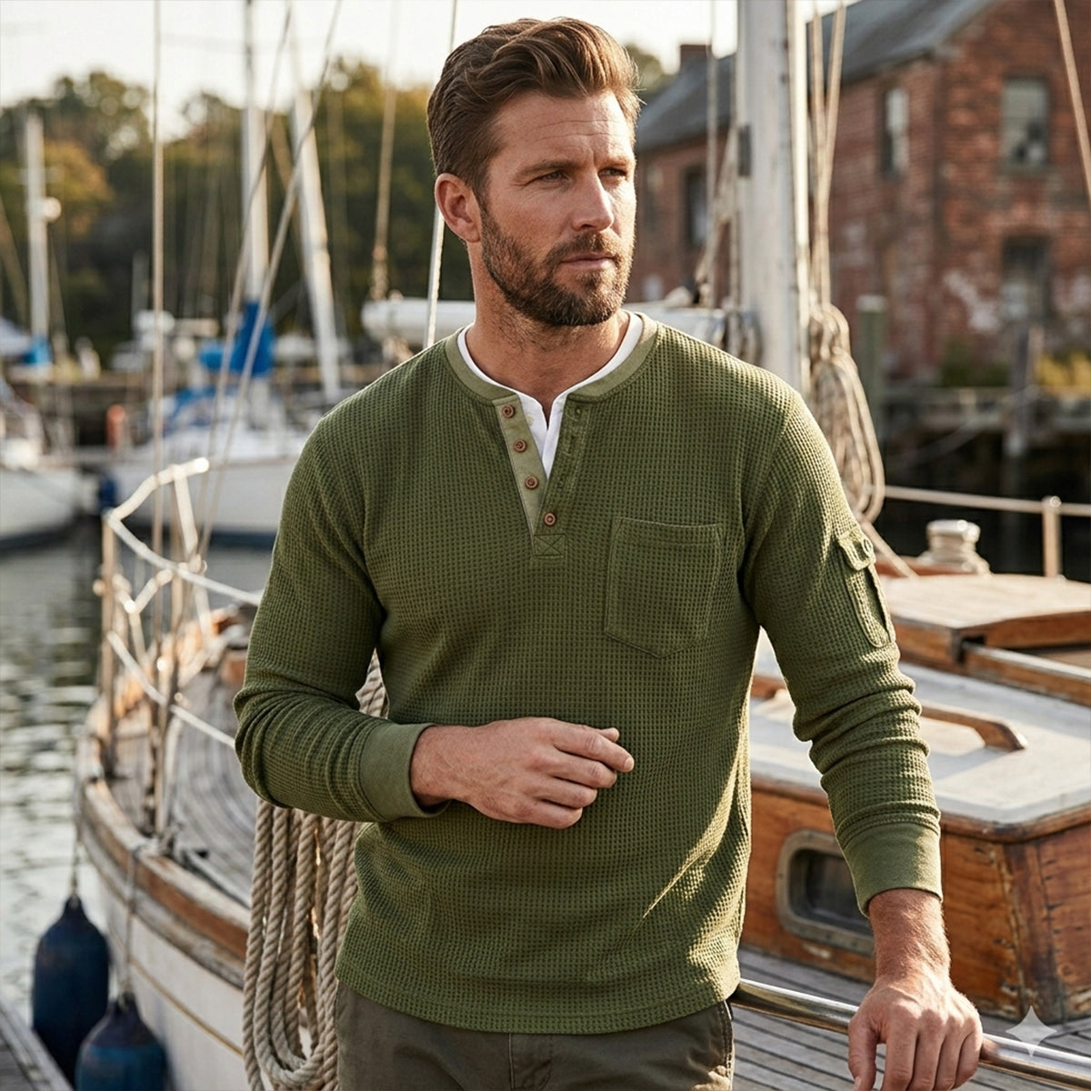 The Cedarbrook Creek Men’s Waffle Henley Buttop Up Causal T Shirt